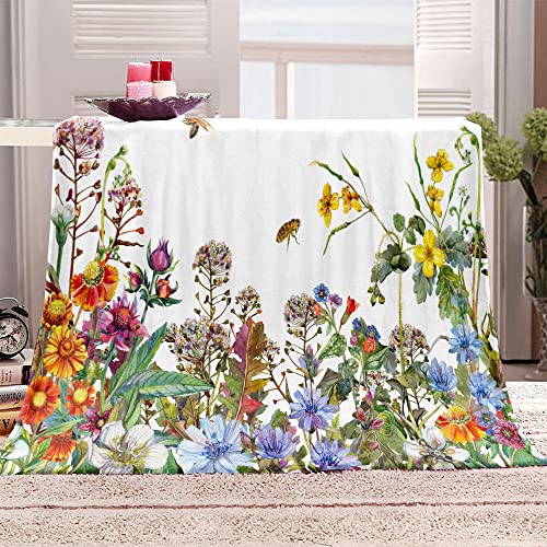 Wesan Flower Floral Blanket Gifts For Women Kids Girls Colorful Spring Flowers Green Plant Leaves Room Decor Super Soft Plush Throw Blanket For Birthday Christmas White 50"X60" #TOP2