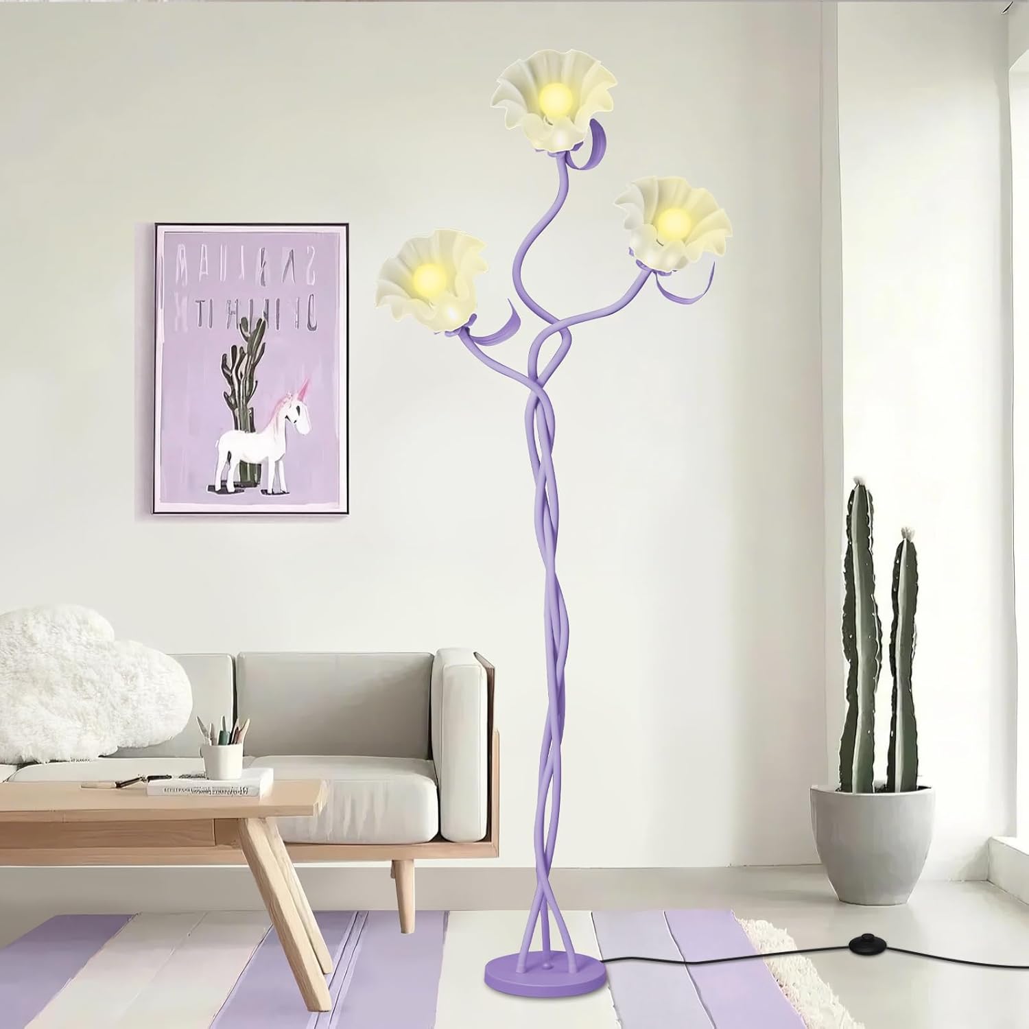 Vintage 3 Heads Flower Floor Lamp for Living Room,3 Color Modes LED Modern Corner Standing Lamp with Goosenecks, Bright Tall Cute Dimmable Lamp for Kids Reading Girls' Bedroom Office Home Decor Purple