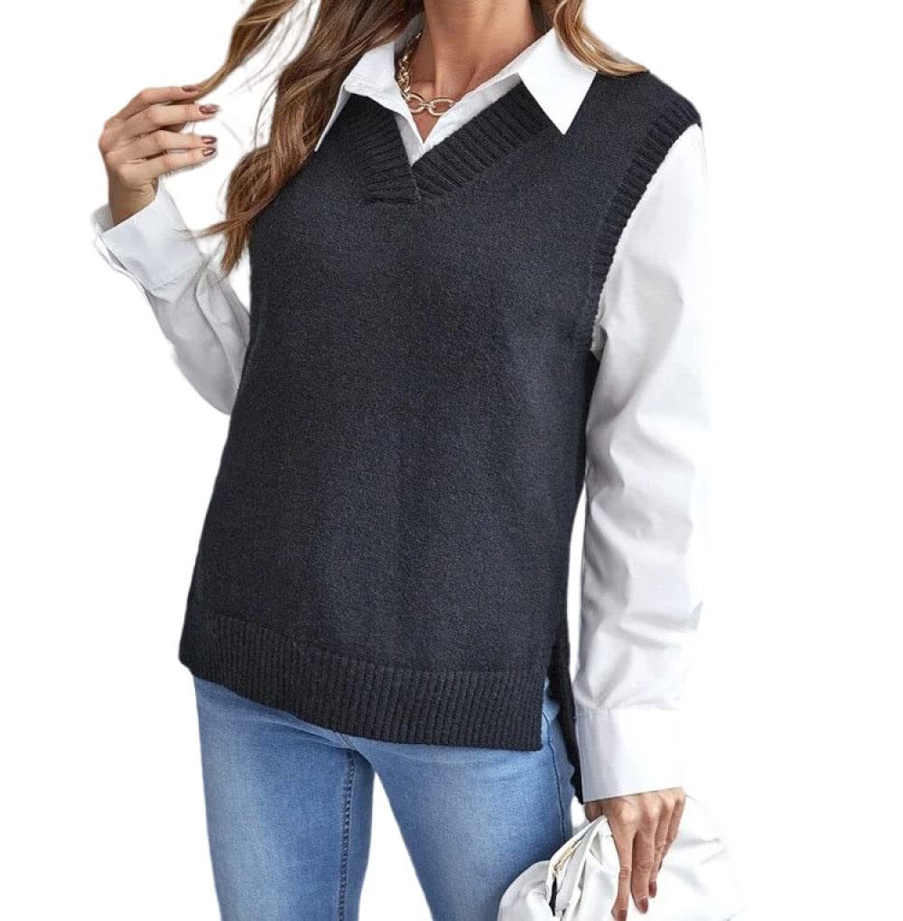 OZEO Maglioni Gilet,Gilet da Donna Semplice Nero Classico A Costine Spacco Laterale Lavorato A Maglia Fine Gilet Scollo A V Senza Maniche Tinta Unita Maglioni Gilet Canotte per Ragazze da Donna,L