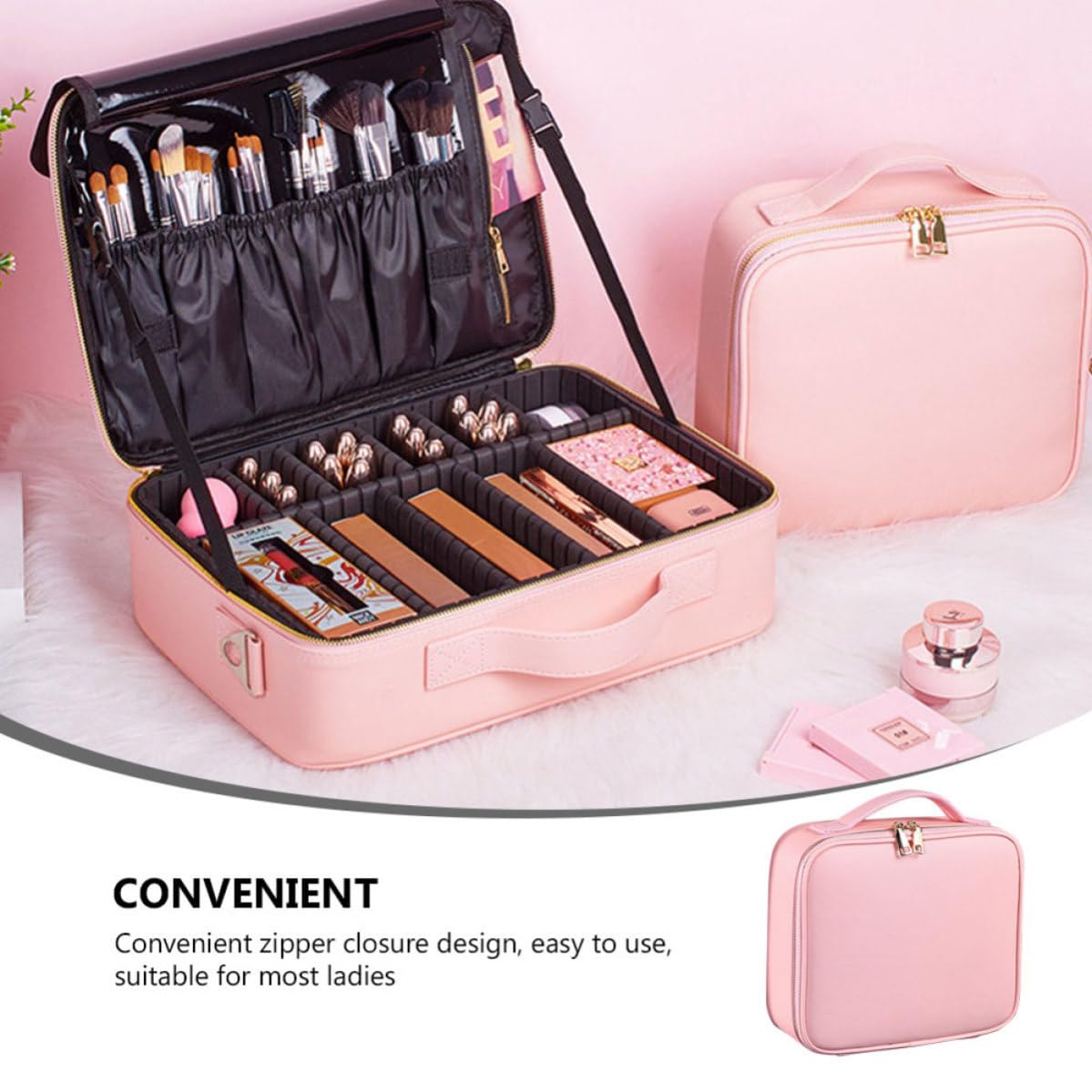 Neceser de Maquillaje Portátil Grande en Cuero PU Rosa con Divisores