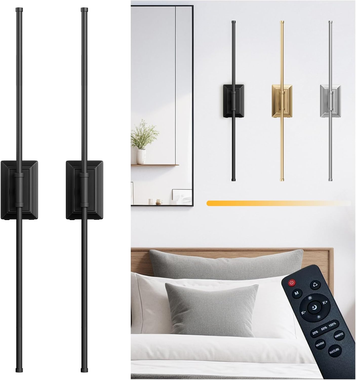 Battery Operated Wireless Wall Sconce - Modern Rechargeable Led Sconces in Black Gold Silver - Bedroom Decor Stick On Lights Set of 2 - Long Indoor Living Room Bathroom Remote Wall Light