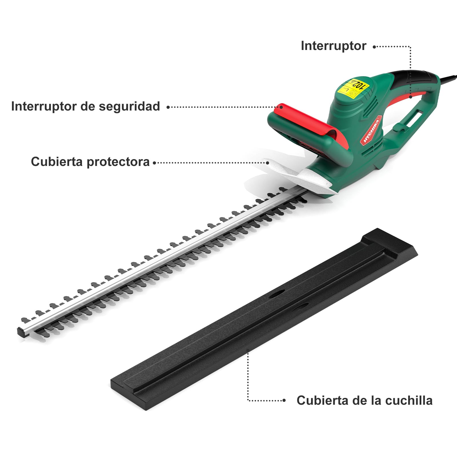 HYCHIKA Cortasetos Electrico Hedge Trimmer 550W, Corta Setos Jardin Electrico, 45 cm Longitud Hoja, 18 mm Espacio Entre Dientes, Doble Interruptor y Doble Asa, para Podar Césped, Arbustos y Setos