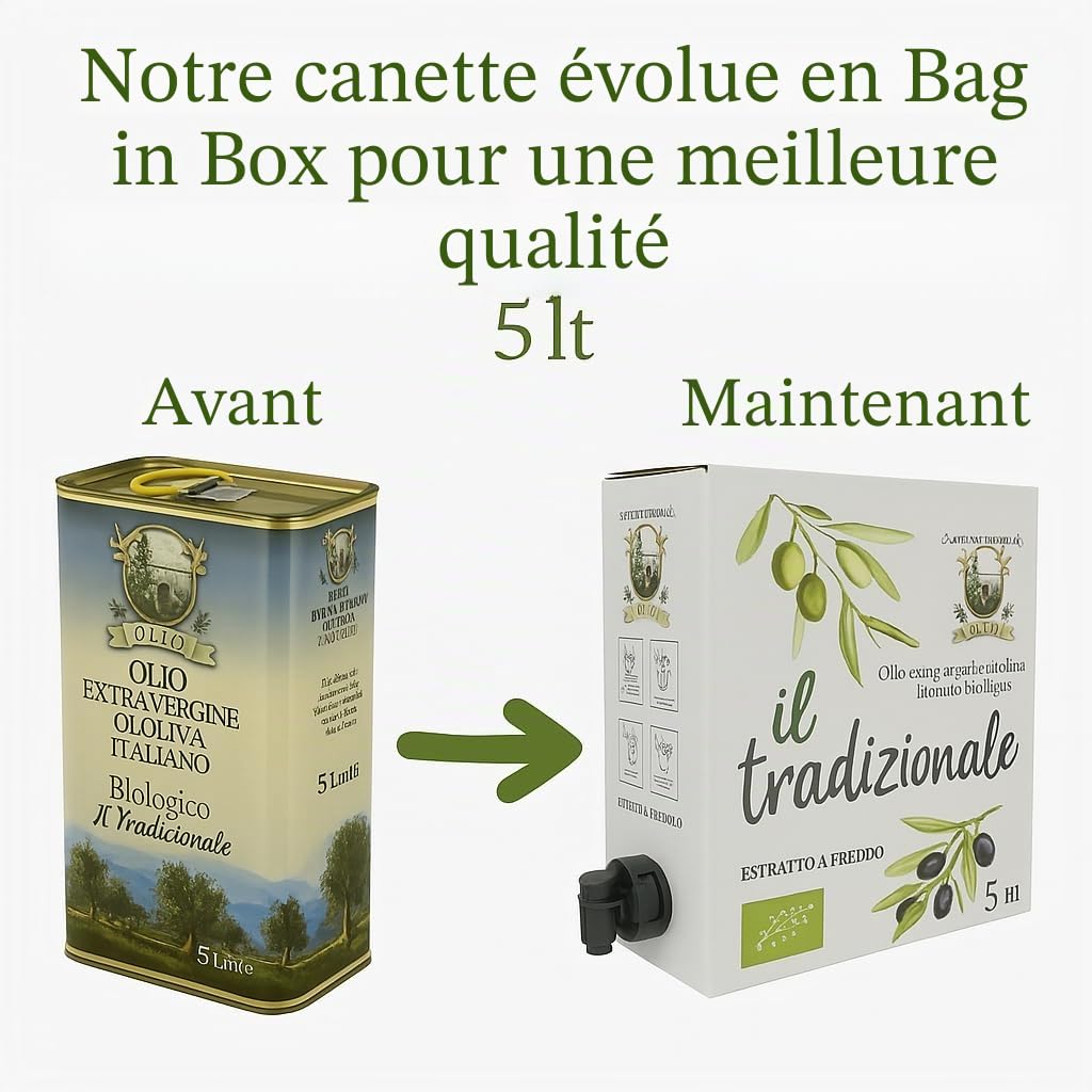 Huile d'olive extra vierge biologique, Ogliarola Garganica italienne, huile EVO extraite à froid, 100% huile des Pouilles, fruité moyen, pack de 2 bidons de 5 L