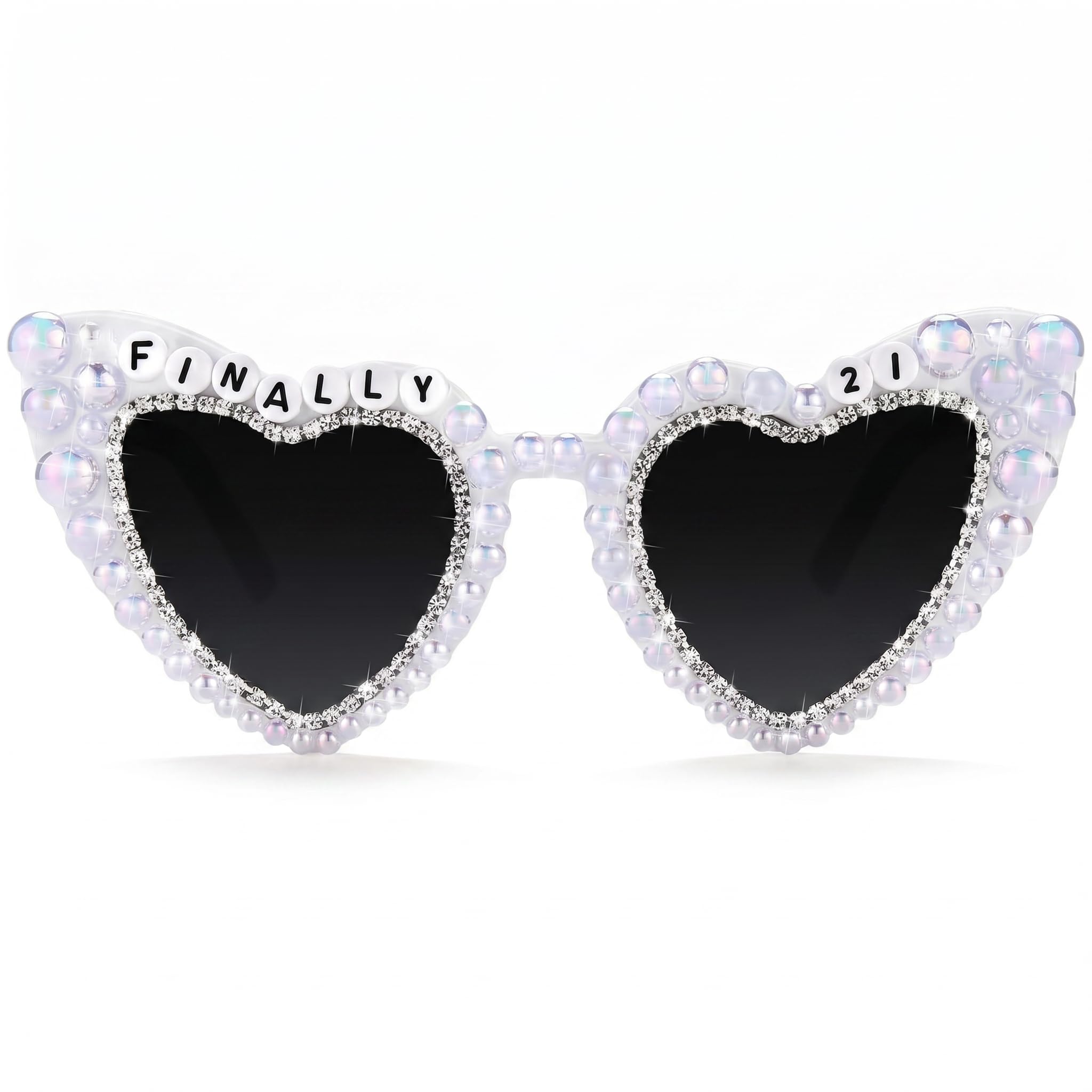 21th Birthday Glasses, Heart Shaped Iridescent Pearl Sunglasses for Women, HELLO 21 Rhinestone Novelty Eyewear for Party Photo Props, Colourful Pearl Gift Glasses for Birthday