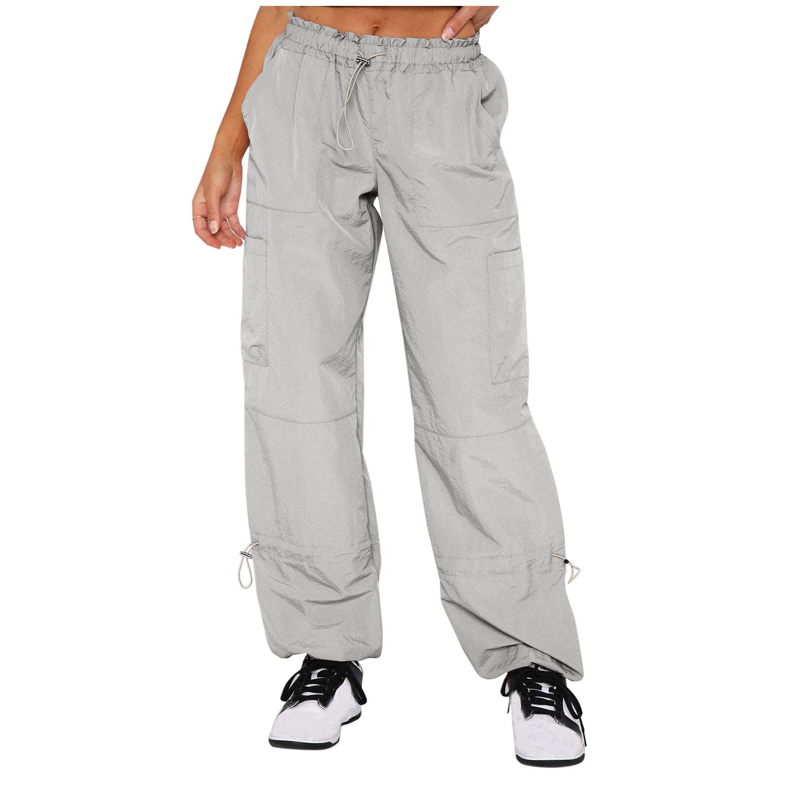 XUNRYAN Parachute Pants for Women Baggy Drawstring Elastic Low Waist Ruched Cargo Pants Multiple Pockets Jogger Y2K Pants Gray