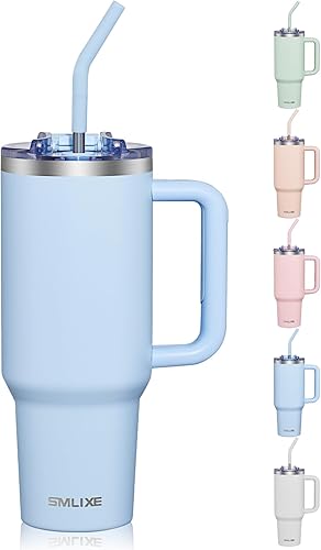 Vista 11 de COKTIK - Vaso de 40 onzas con asa y tapa con pajita, taza de café de viaje con aislamiento al vacío de acero inoxidable aislada para bebidas, a Beige