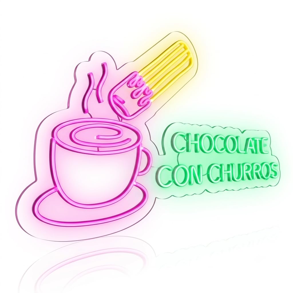 Letrero chocolate con churros Cartel Luminoso LED Escaparate, Decoración de Pared en Metacrilato, Luz Brillante, aproximadamente 75cm x 40cm alimentación 12v