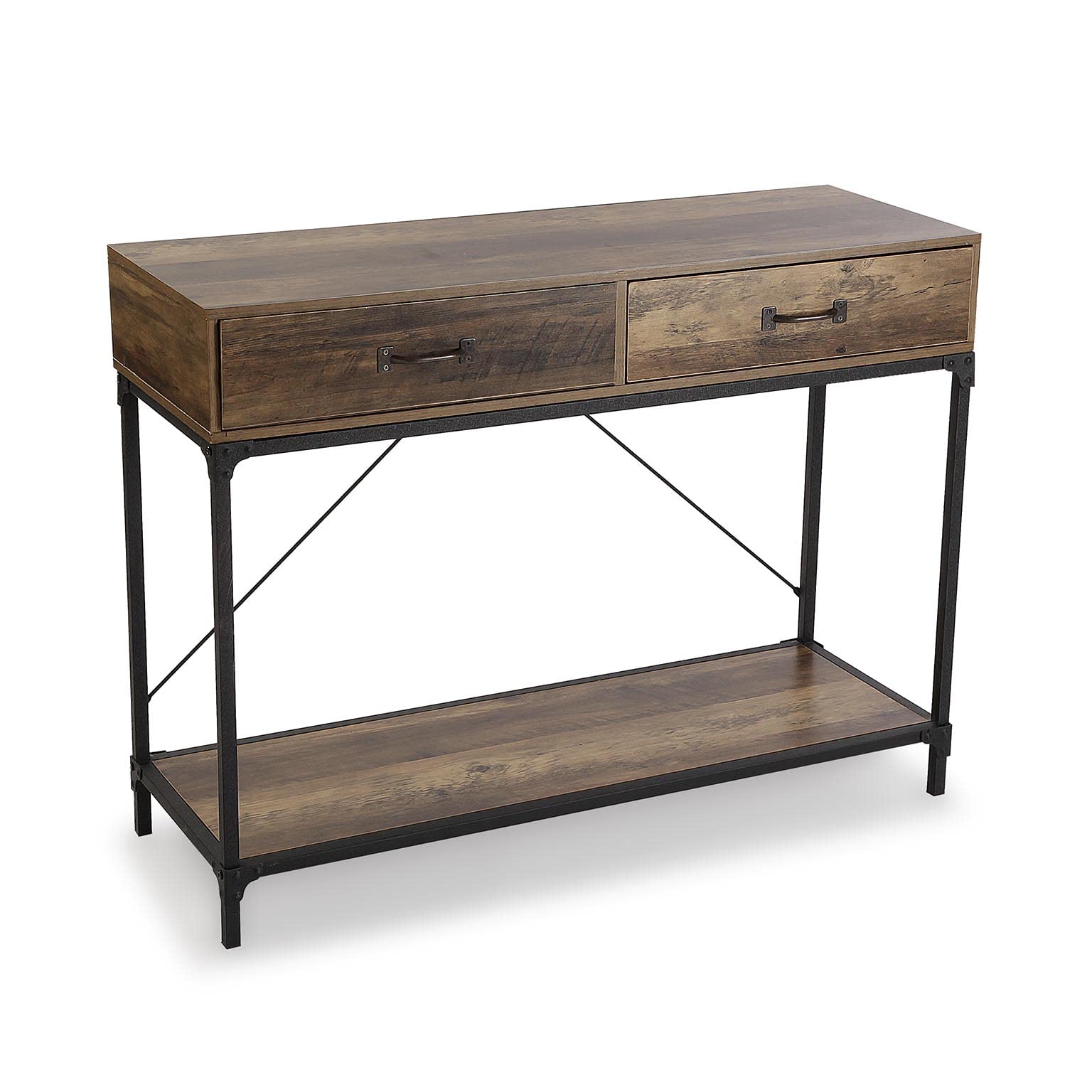 Versa Bremen Mueble Recibidor Estrecho para Entrada o Pasillo, Mesa Consola, con 2 cajones, Medidas (Al x L x An) 76 x 100 x 35 cm, Metal y Madera, Color Marrón