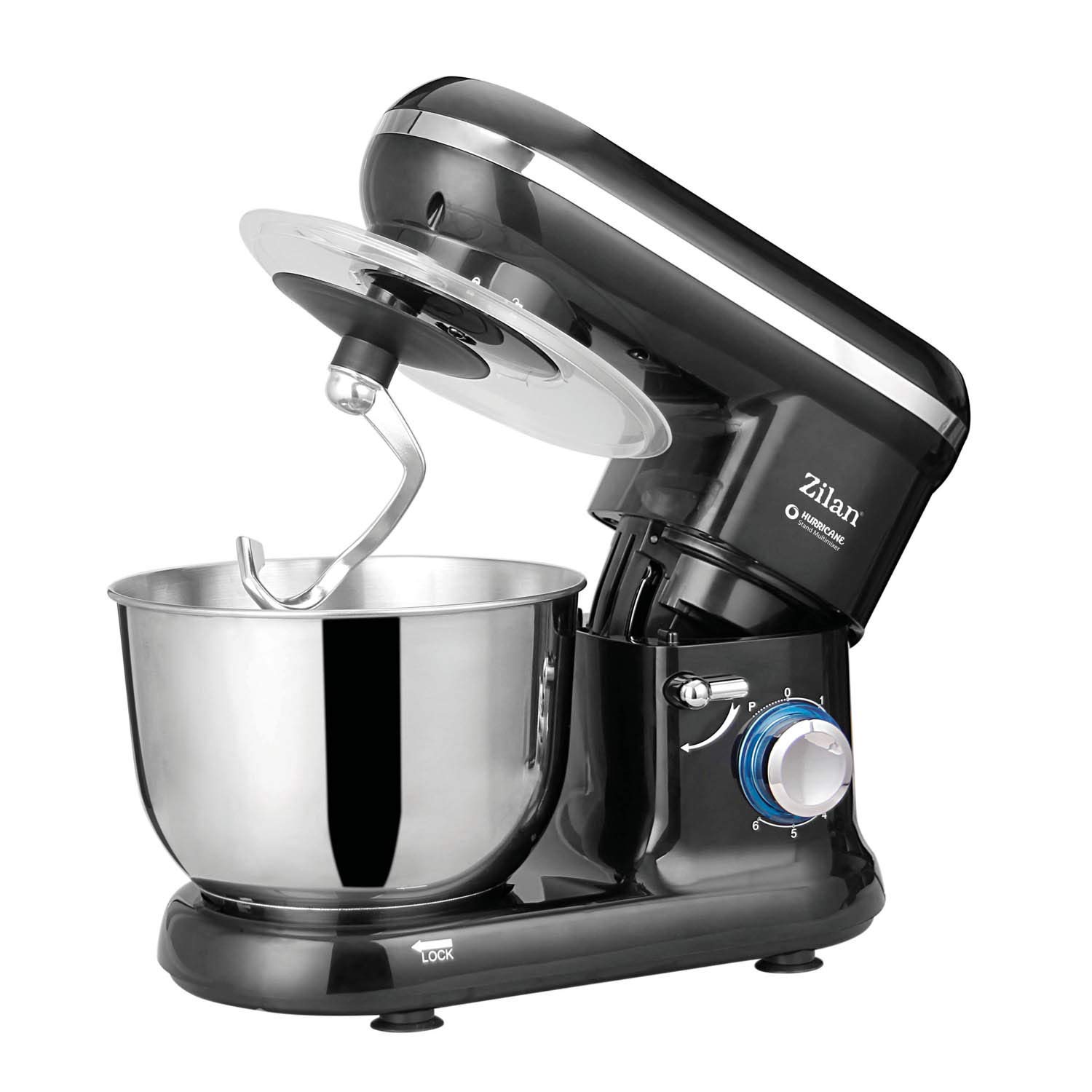 Zilan - Robot de repostería (4,5 l, con kit de repostería, batidor, gancho, cuenco de acero inoxidable, tapa vertedor/protector de una sola pieza, 6 velocidades con función pulse, 1000 W)