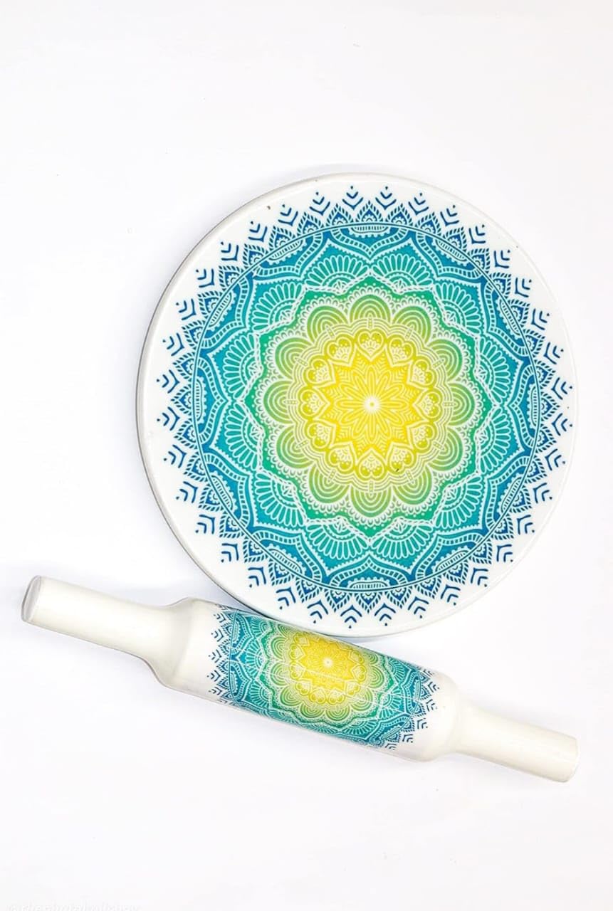 Home Arts Premium Natural Marble Chakla Roti Maker Rolling Board with Wooden Belan | No Dyes or Polish - Natural Finish | Chopping Board Home House Ghar Kitchen Rasoi Gift Decor (13.)