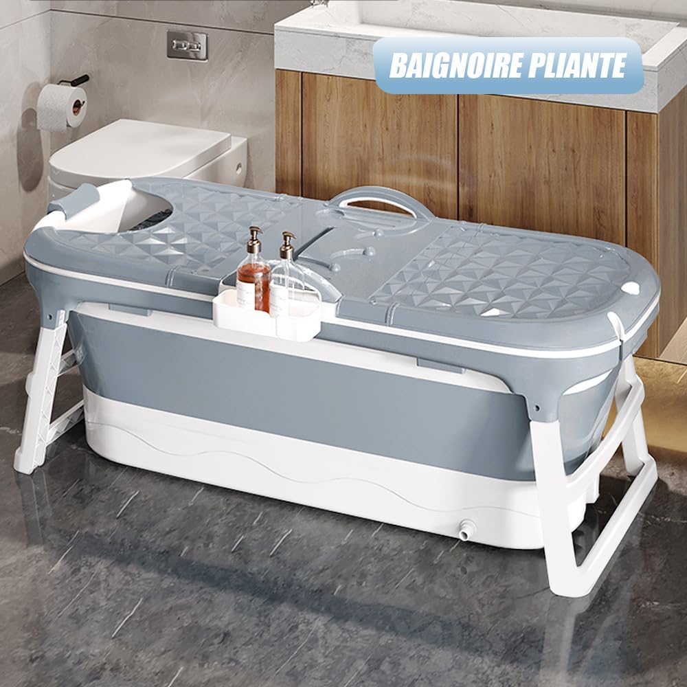 Baignoire pliable pour adulte XXL 118 * 60 * 53cm, Baignoire portable pliable avec couvercle, repose-tête et rouleau de massage, baignoire pliable pour salle de bains (GRIS)