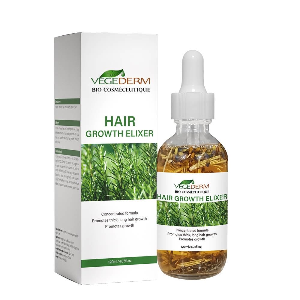VEGEDERM Hair Growth Elixir | Natural Hair Growth Oil for Scalp & Beard | Hair fall control Serum for Women & Men | Rosemary, Castor Oil, Biotin | Treatment for Longer Hair & Beard | 4.05 Fl Oz