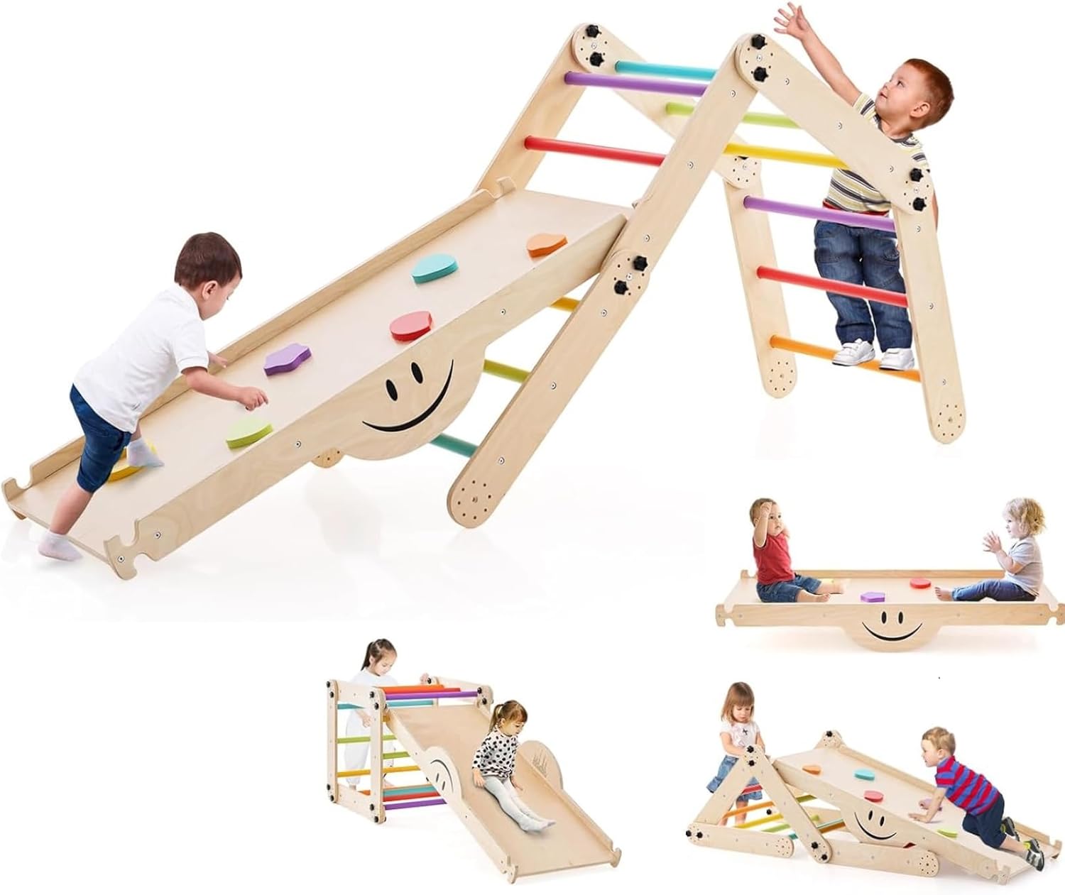 Costzon Climbing Toys for Toddlers, 10 in 1 Foldable Montessori Indoor Wooden Climber Ladder with Reversible Ramp, Multi-Combination Methods, Kids Triangle Climber Play Gym Set for Boys Girls Present