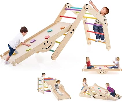 Costzon Climbing Toys for Toddlers, 10 in 1 Foldable Montessori Indoor Wooden Climber Ladder with Reversible Ramp, Multi-Combination Methods, Kids Triangle Climber Play Gym Set for Boys Girls Present