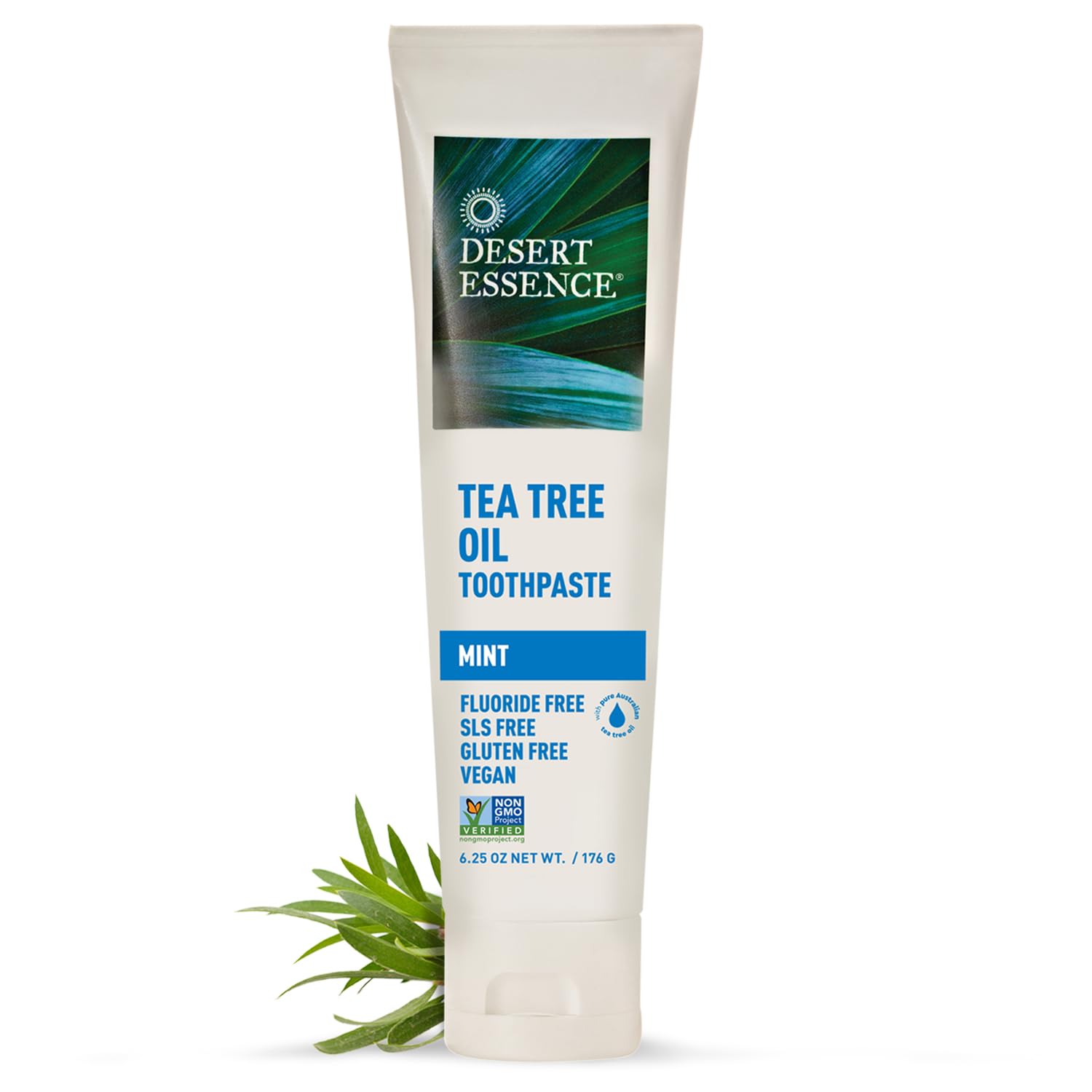Desert Essence Tea Tree Oil Toothpaste - Mint - 6.25 Ounce - Refreshing Taste - Deep Cleans Teeth & Gums - Helps Fight Plaque - Sea Salt - Pure Essential Oil - Baking Soda - Promotes Healthy Mouth