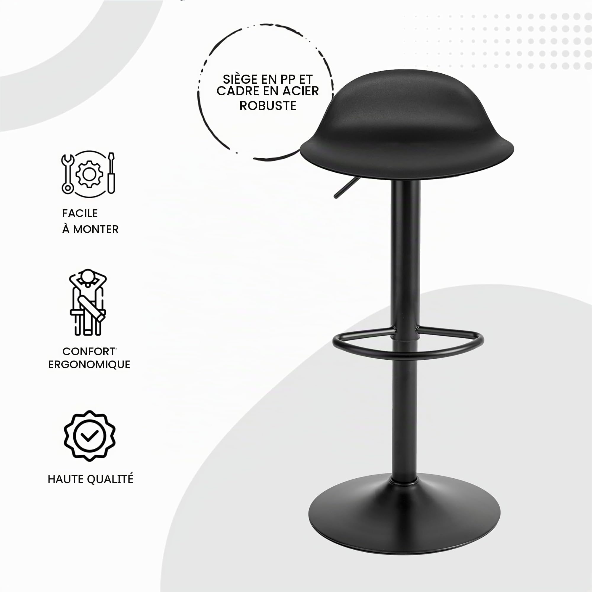 Baroni Home Tabouret de Bar Rotatif à 360°, Lot de 2 avec Hauteur réglable, Fond Anti-Rayures et Repose-Pieds, Cuisine, Restaurant, Bar, léger et Montage Facile, 41x40x64–86 cm, 2 pièces, Noir