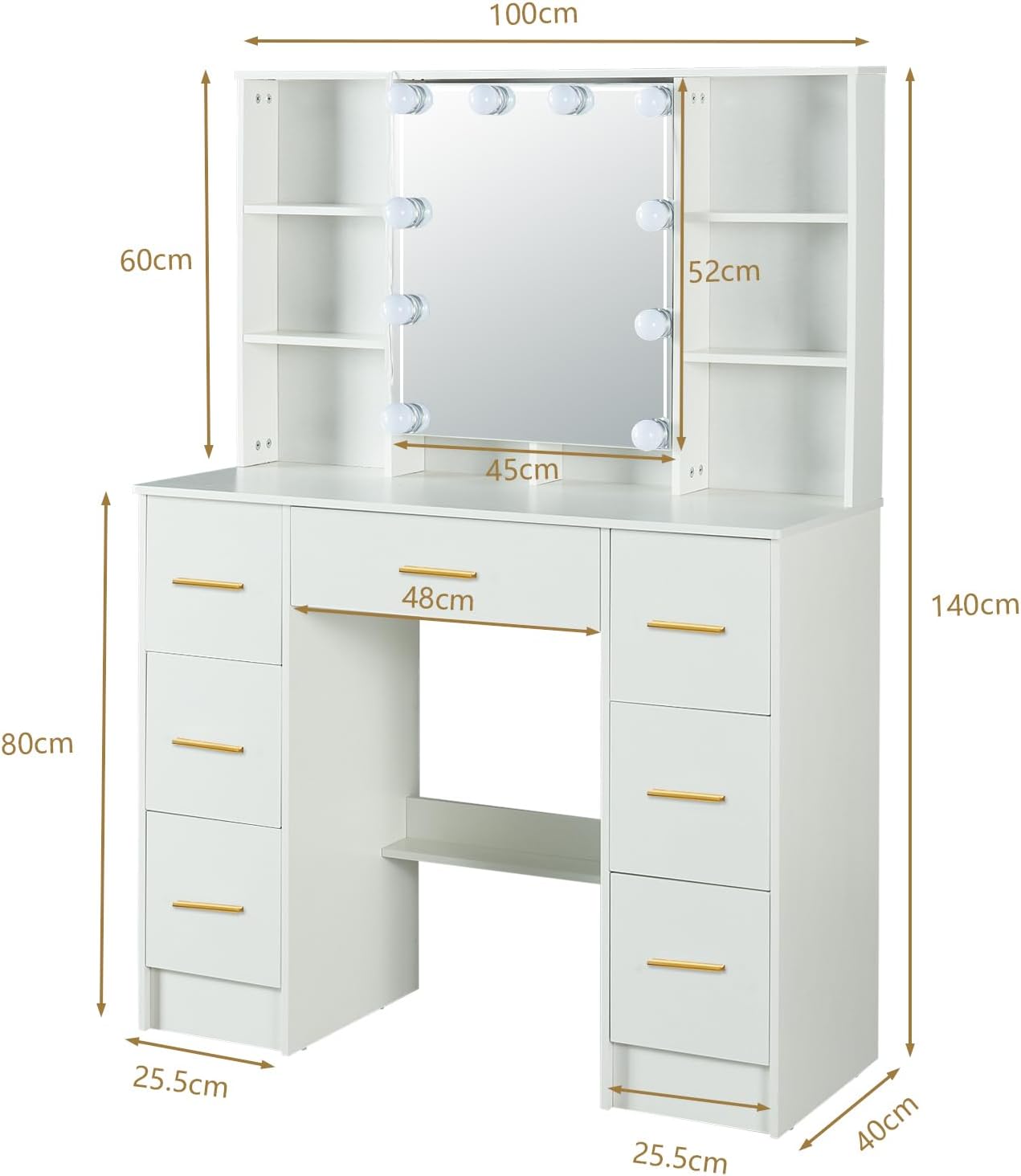 Large Vanity Table, White Vanity Set with Mirror and Lights, 7 Drawers 8 Shelve Makeup Desk with Metal Handles for Girls and Women, White 3240