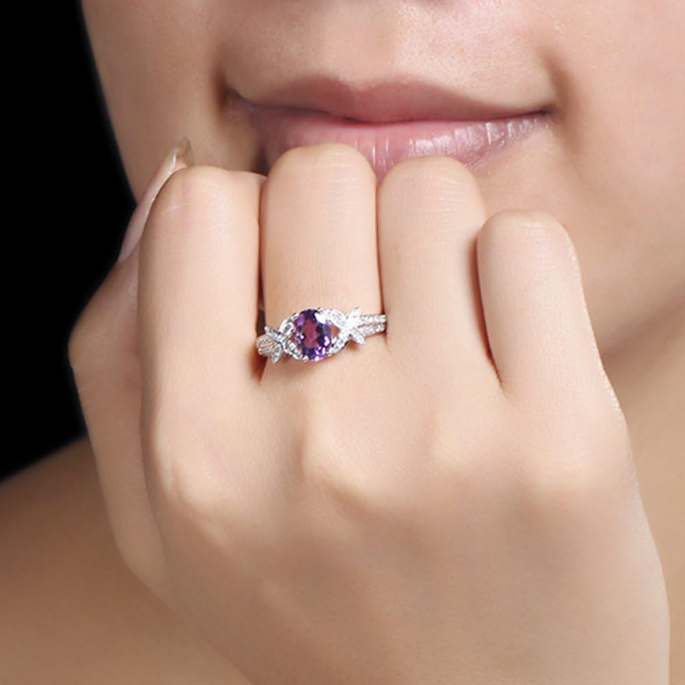 Kardy Women's Natural Fashion Purple Amethyst Gemstone Engagement Wedding White Gold 14K Diamond Bands Ring Set