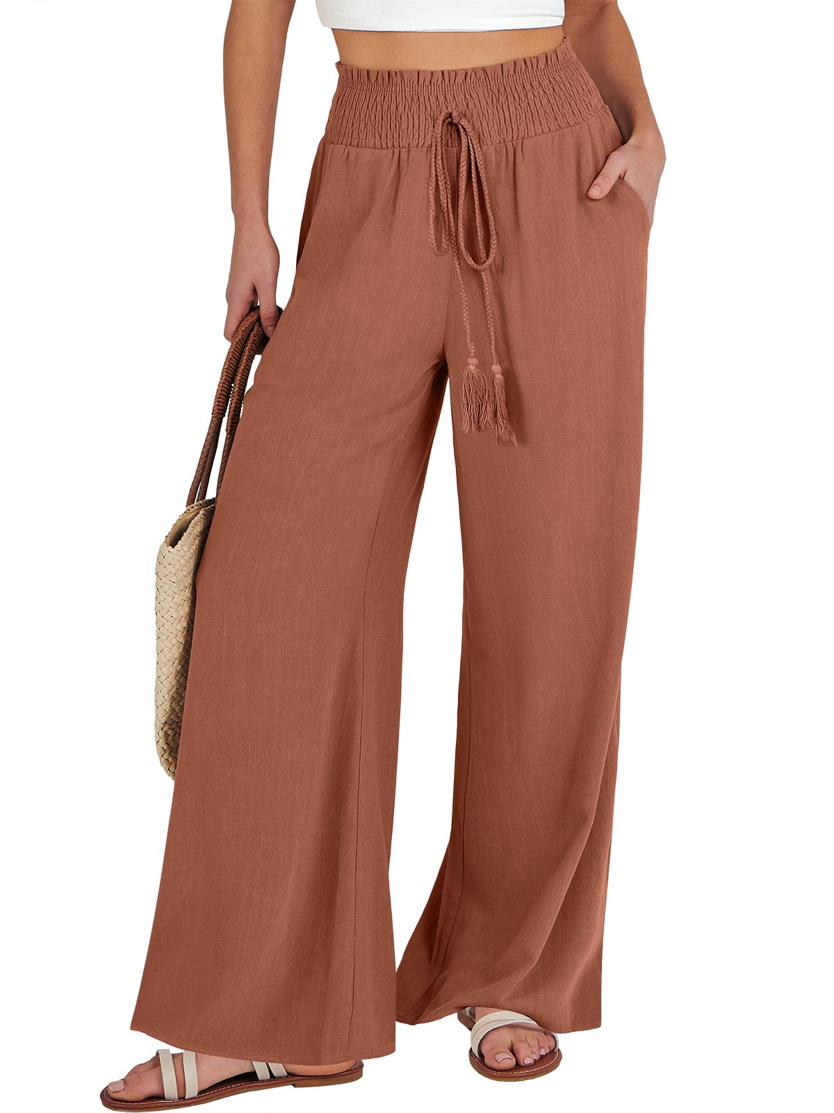 ANRABESS Women Linen Palazzo Pants Summer Casual Loose High Waist Wide Leg Long Lounge Pant Trousers with Pocket