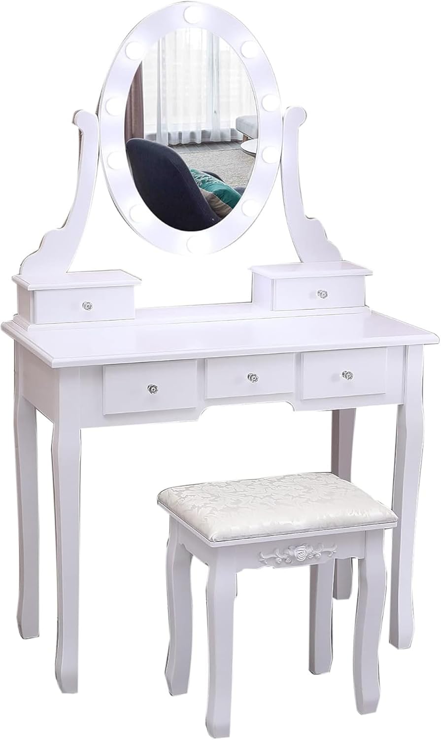 Vanity Desk, Vanity Mirror with Lights and Table Set with 5 Drawers, Wood Makeup Dressing Table with Oval Mirror & Stool for Bedroom Women Girls,White