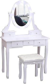 Vanity Desk, Vanity Mirror with Lights and Table Set with 5 Drawers, Wood Makeup Dressing Table with Oval Mirror & Stool for Bedroom Women Girls,White