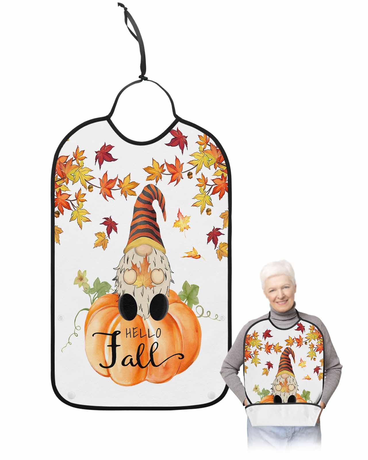 LEOKOTI Pumpkins Gnomes Fall Adult Bibs for Eating, Waterproof Bibs with Food Catcher & Adjustable Snap Closure, Maple Leaf Orange Thanksgiving Washable Clothing Protectors Adult Bibs for Elderly