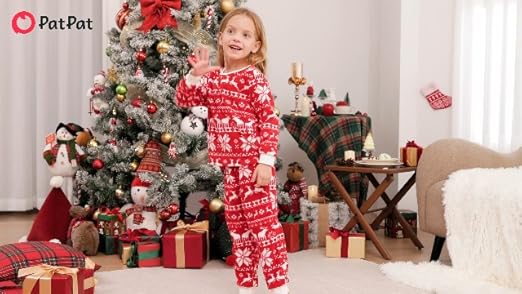 PATPAT Kerstpyjamaset, Kerstoutfit voor het Gezin, Partnerlook - Comfortabele Pyjama's met Kerstprint, Voor Baby's, Meisjes, Dames, Heren en Jongens, Rood, 6-9 Maanden