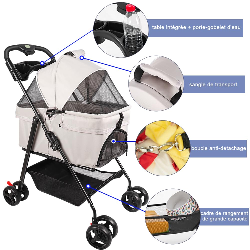 Passeggino per cani 3 in 1,Passeggino pieghevole animali,4 ruote,Carrello per il trasporto con maniglia rimovibile,Cuscino,Tenda regolabile,Tessuto Oxford,Navicella rimovibile