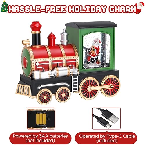 Miniatura 3 de Globo de nieve de tren musical de Navidad con escena de Papá Noel, decoración navideña LED retro con 8 canciones navideñas, lentejuelas mágicas y