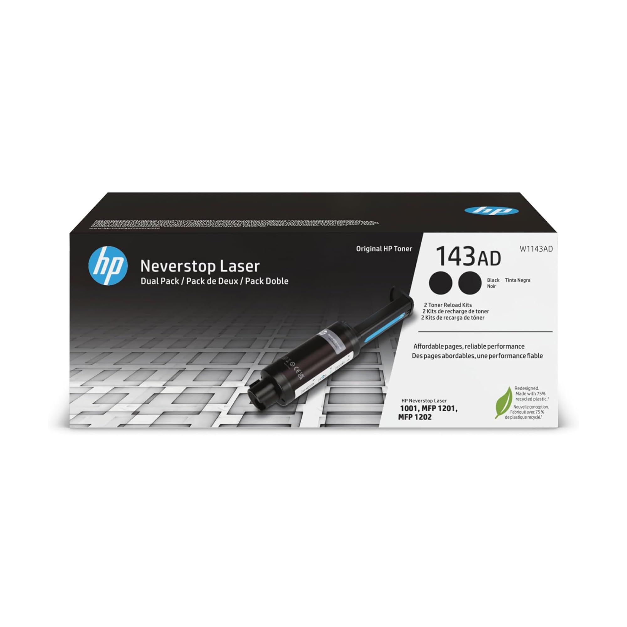 HP 143AD W1143AD, Multipack da 2 Cartucce Toner Originali da 2500 Pagine, Compatibile con le Stampanti HP Neverstop Laser 1001, MFP 1201, MFP 1202, Nero