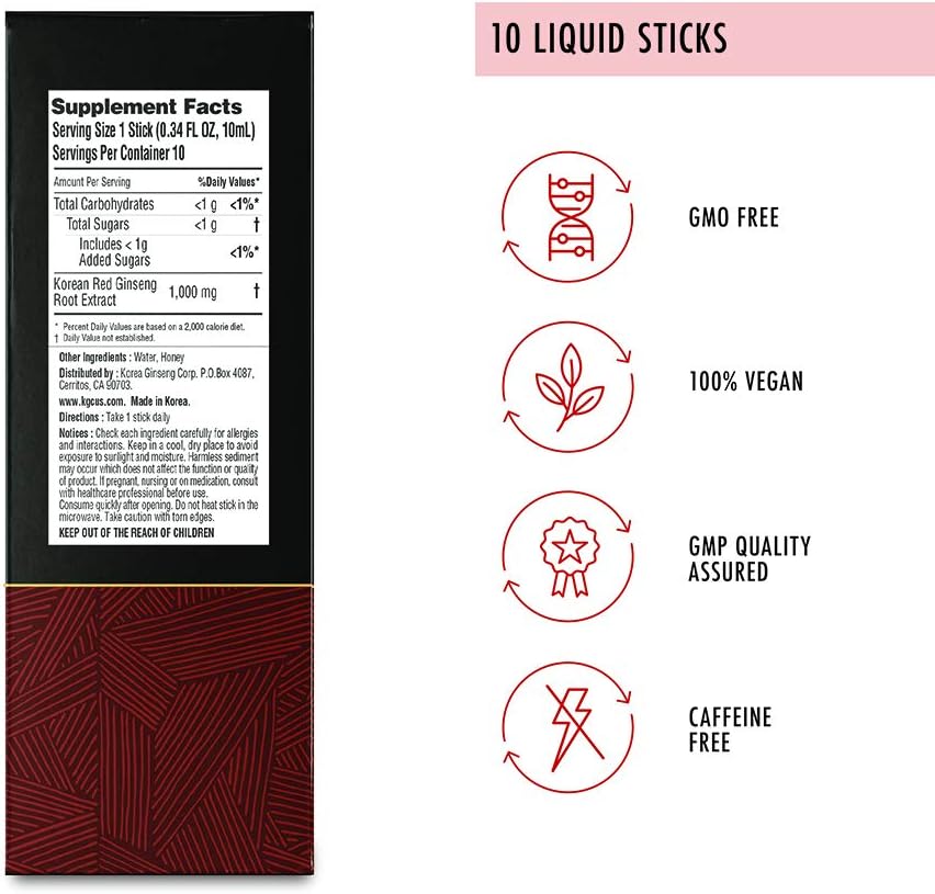 Energy Supplements Immune Support Korean Red Panax Ginseng Extract, Stress Relief, Enhancing Focus, Productivity Brain Booster for Men & Women - Koreselect Energy 10 Liquid Sticks : Health & Household