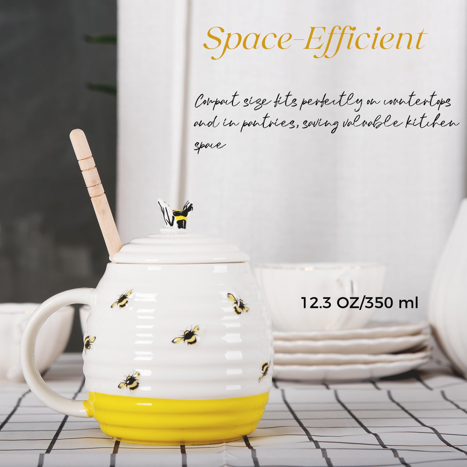 Olla de miel de abeja y rociador, tarro de miel de cerámica con cuchara, tarro de almacenamiento de miel de porcelana en diseño de colmena de abeja con tapa para uso doméstico y cocina