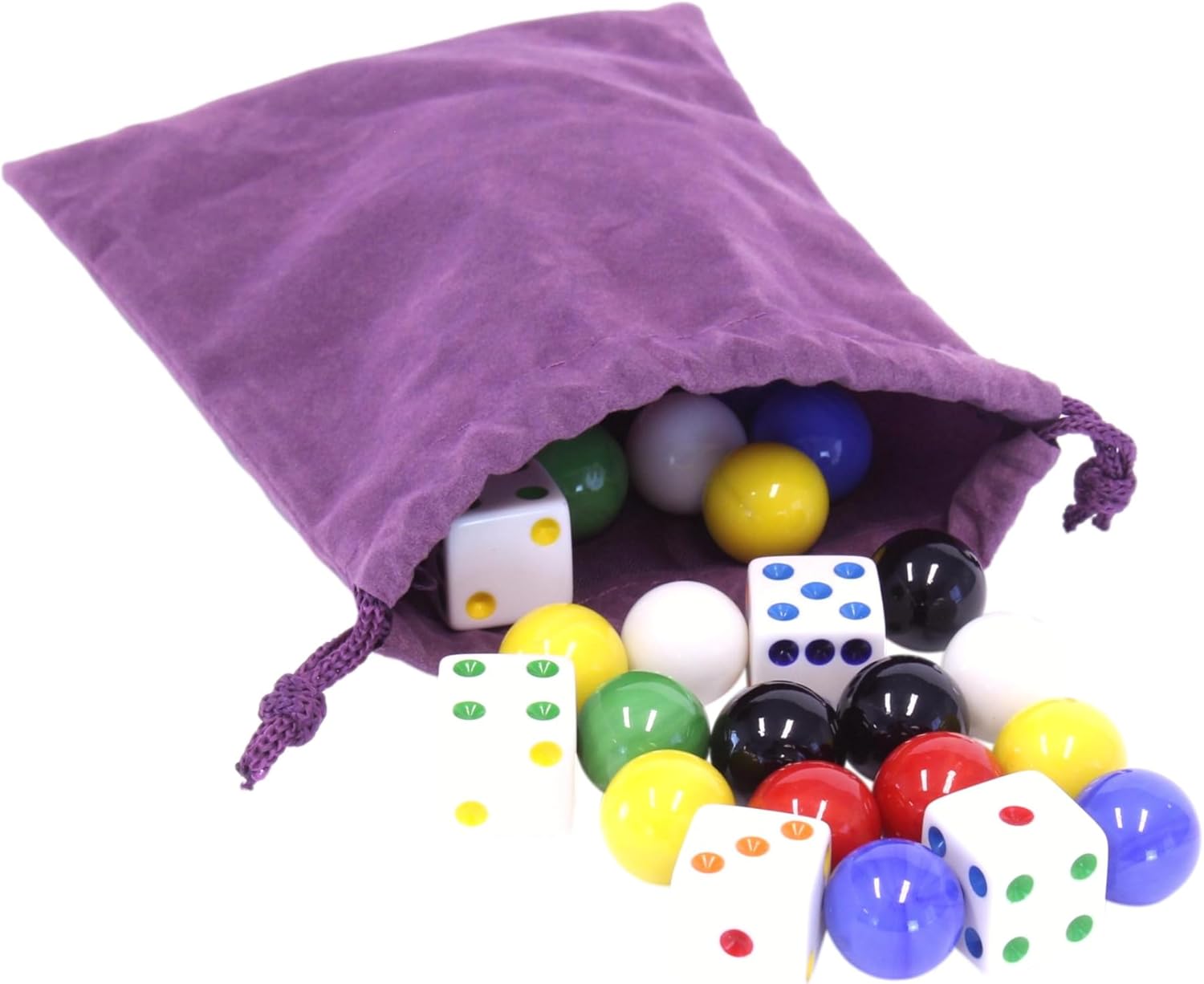 AmishToyBox Game Bag of 24 Glass Marbles (16mm Diameter) and 6 Dice for Aggravation Game (Pack of 2)