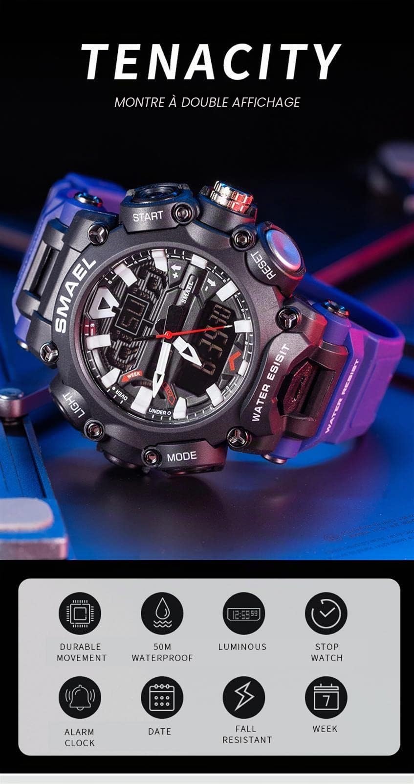SMAEL Montre Homme, Rétro-Éclairage LED Imperméables Analogiqu Quartz Chronographe, Outdoor Sport Montre Digital Tactique Militaire, avec Chronomètre,Alarme