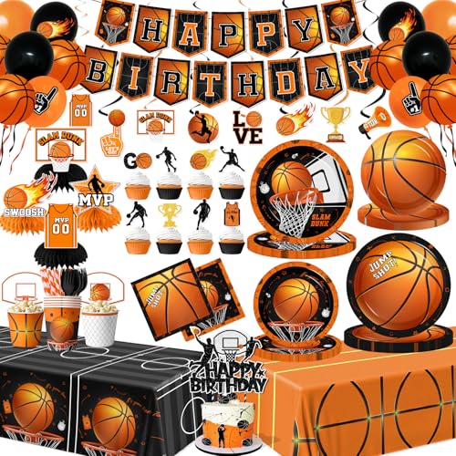 Basketball Party Decorations 214Pcs Basketball Birthday Party Decorations Includes Plates Napkins Cups Tablecloth Banner Hanging Swirls Honeycomb Balloons Cake Topper for Sports Birthday Decorations