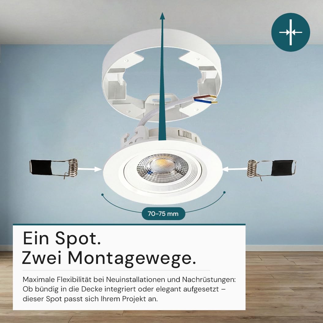 LUXULA LED Einbaustrahler dimmbar flach Weiß 6 Stück - Ein-/Aufbauspot 230V, Deckenleuchte 60° schwenkbar, 5 W 420 lm, CCT 3000K 4000K 6500K, Lochmaß 70-75mm, Deckenspots, LED Aufbaustrahler