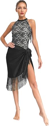 JanJean Womens Samba Salsa Latin Dance Costume Sleeveless Cutout Back Leotard with Lace-up Fringe Hip Skirt