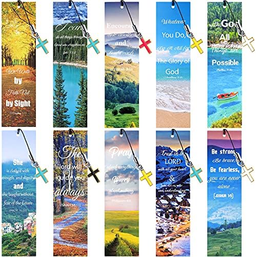 20 Pieces Bible Verses Inspirational Scripture Bookmark Motivational Positive Page Marker with Cross Pendants for Church Supplies, Schools and Ministries (Scenery Style)