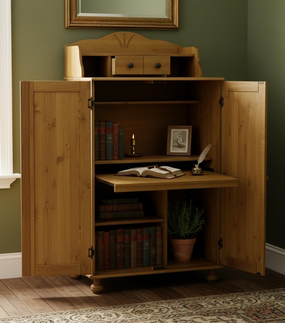 clever-moebel Computerschrank Sekretär aus Massivholz Kiefer – PC-Schrank im Landhausstil mit Aufsatz, Ausziehbarer Tastaturablage & Stauraum für Tower & Monitor, Gelaugt Geölt, 83 x 57 x 153 cm