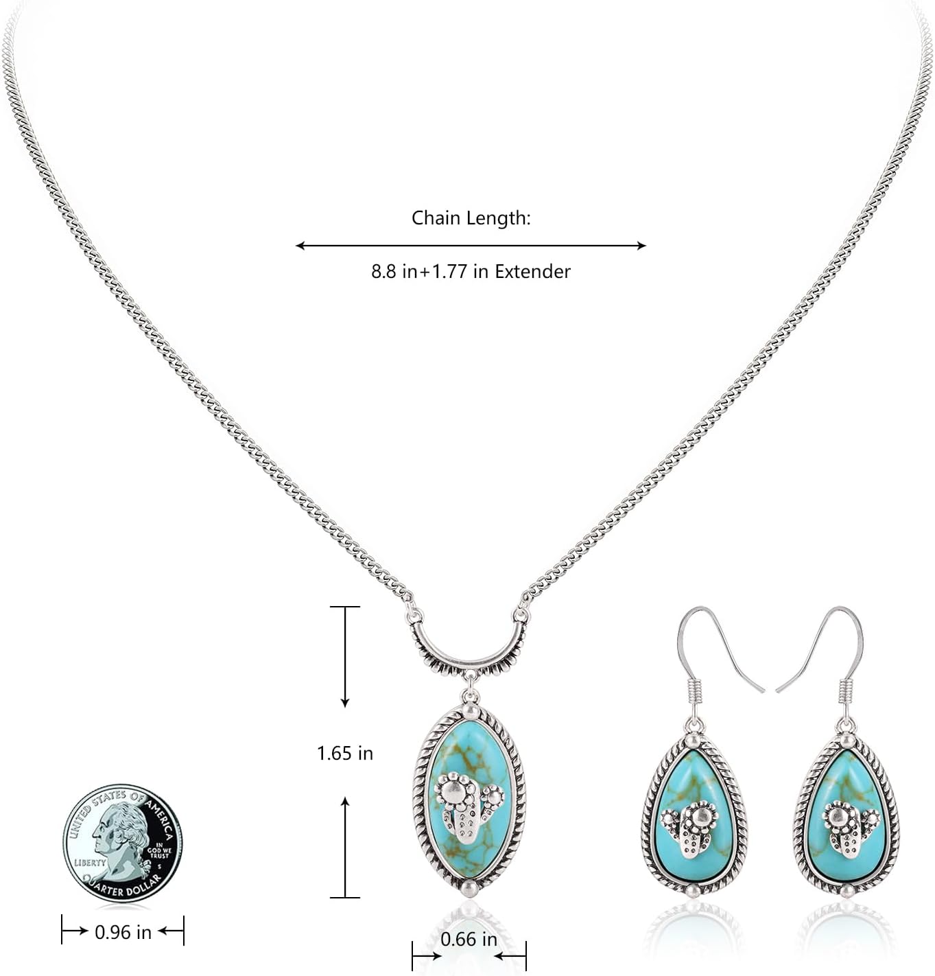 Montana West Wrangler Western Turquoise Jewelry Set for Women Silver Plated Cactus Stone Country Cowgirl Cowboy Necklace Earrings Jewelry