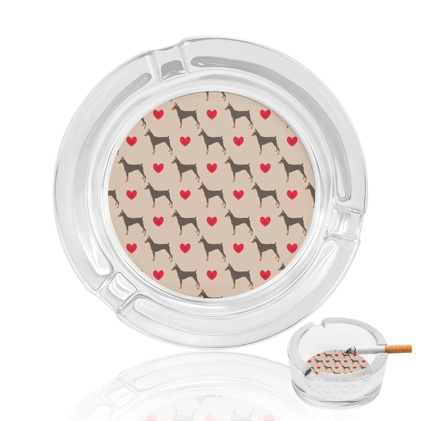Dog Doberman Pinscher with Hearts Ashtray Portable Round Glass Outdoor Ash Tray for Home Office Garden Pub