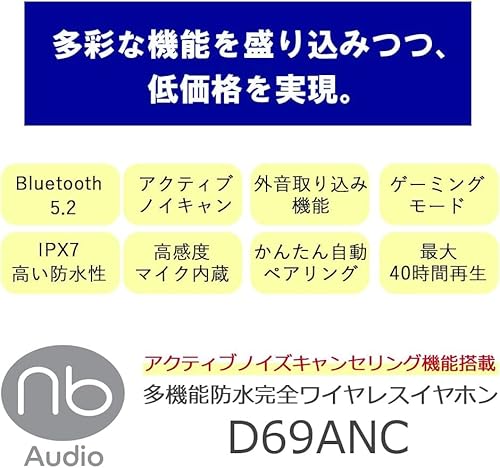 【公式アウトレット】(nb) D69 ANC 防水 完全 ワイヤレスイヤホン IPX7防水 ノイズキャンセリング 外音取込み 低遅延モード 通話マイク 技術基準適合 Bluetooth 最大40時間再生 (単品, ブラッククローム)