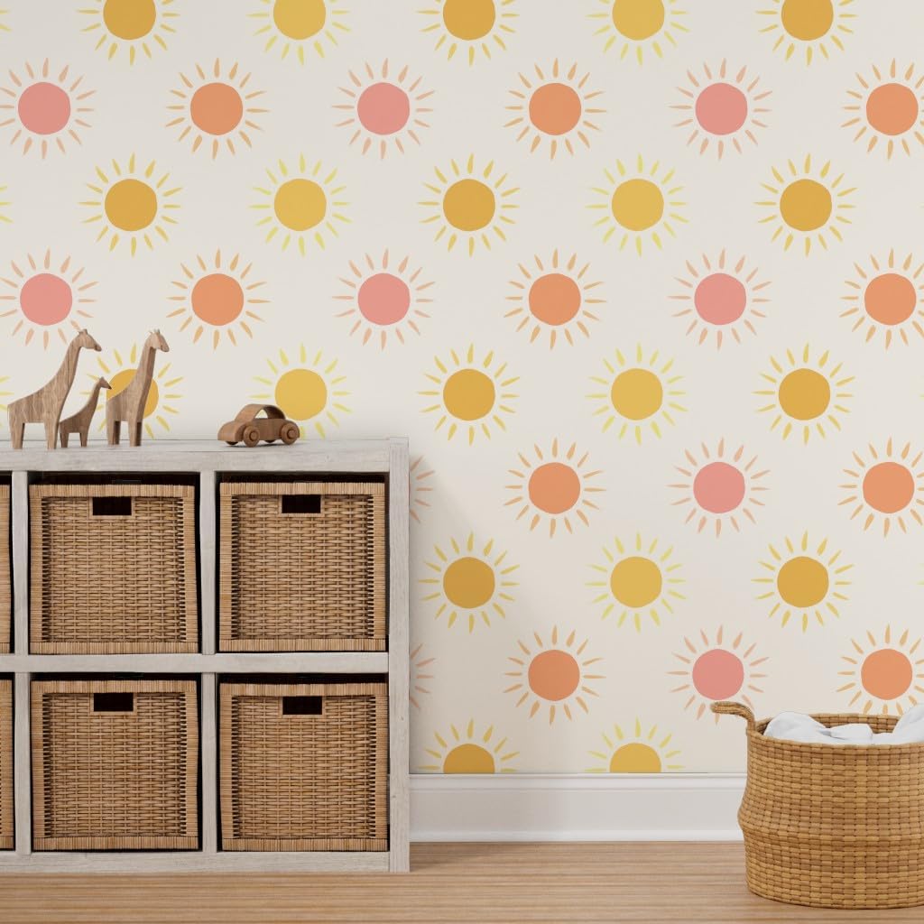 Peel & Stick Wallpaper 12ft x 2ft - Summer Sunshine Coral Pink Mustard Yellow Custom Removable Wallpaper by Spoonflower