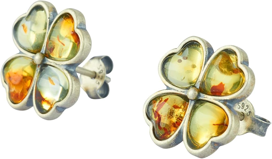 Handmade S925 sterling silver inlaid with genuine Baltic amber earrings, simple and classic design, natural energy stone, wooden gift box