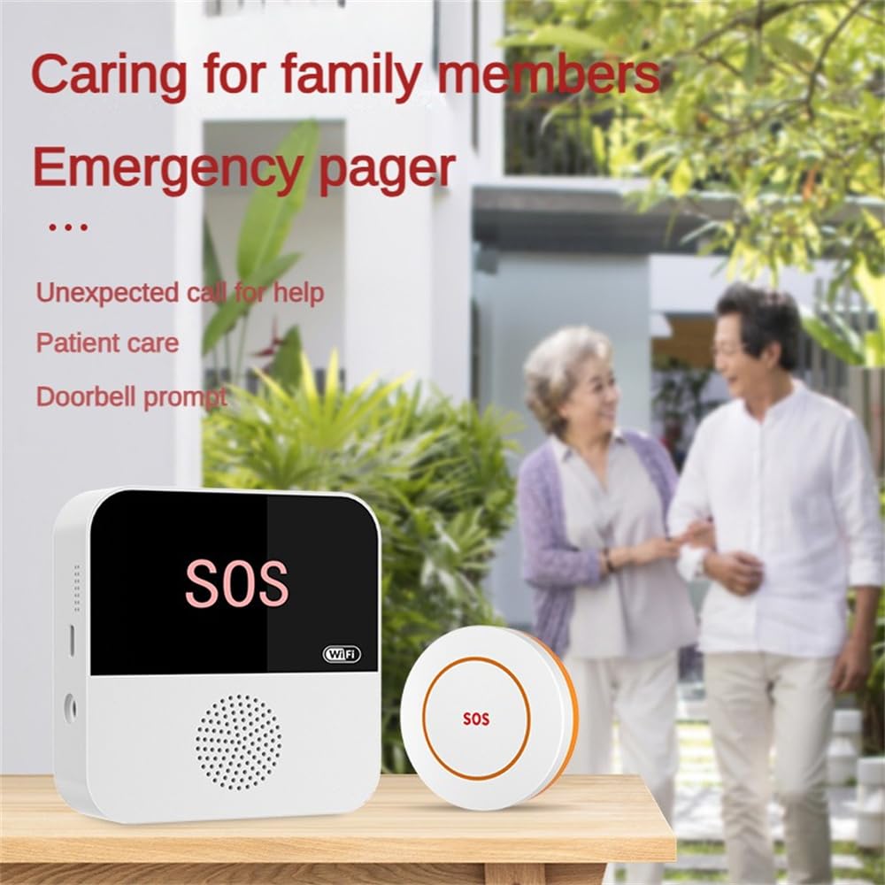 Pulsante Emergenza Anziani, 2.4GHz Wifi Wireless Salva Vita x Anziani con 5 SOS Anziani e 1 Ricevitore, Pulsante Salvavita Anziani Ricaricabile Built-in 12 Allarme Suono per Anziani Gravida