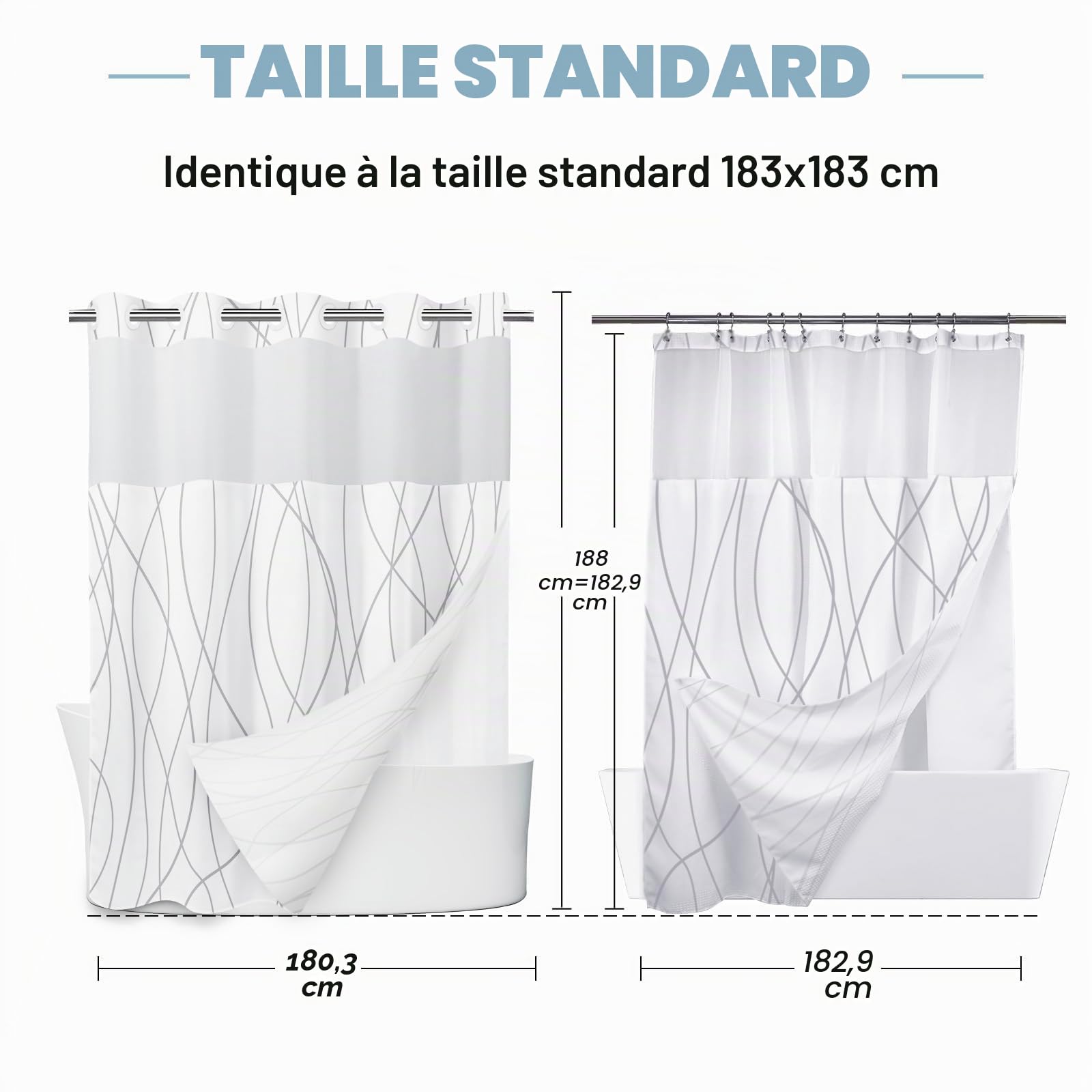 LXBNI Rideau de Douche à Rayures Grises et Blanches sans Crochet avec Doublure en Tissu – Ensemble de Rideau de Douche d'hôtel et Doublure avec fenêtre supérieure en Maille Transparente, Lavable en