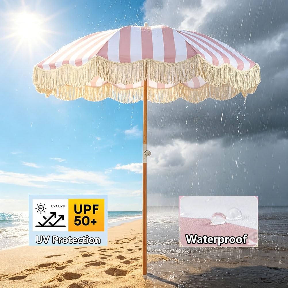 Boho Pasiasty Parasol Plażowy z Frędzlami, 200 cm Przenośny Parasol Tarasowy z Pochylanym Drewnianym Słupkiem do Basenu, Ogrodu, na Taras