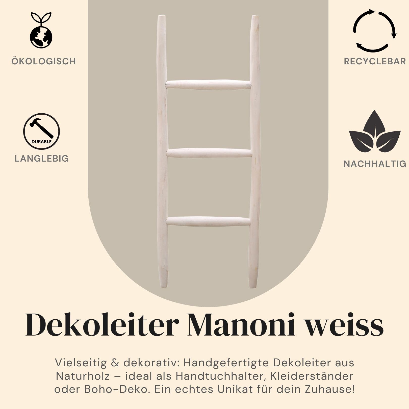 Marrakesch Boho dekoracyjna drabina dekoracyjna z drewna 92 cm Manon biały jako wieszak na ręczniki, wolnostojący w łazience