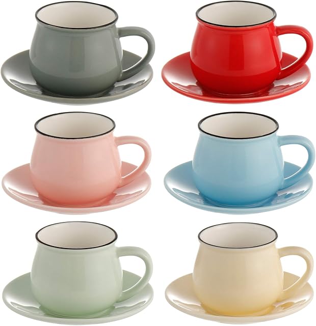 Porcelain Espresso Cups with Saucers - 108 ml/3.65 oz - Set of 6, Small Coffee Tea Cup 6 Colors