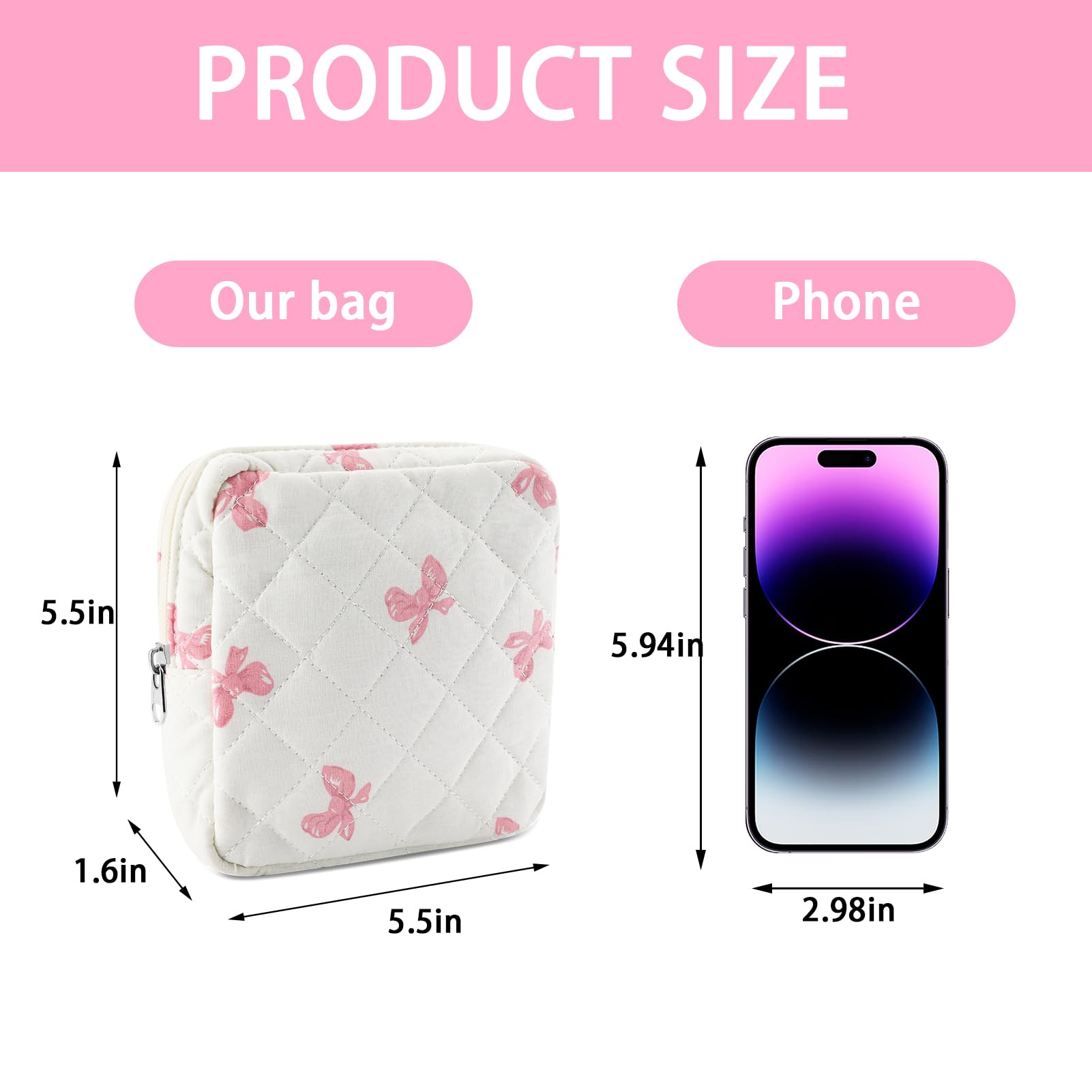 Tmtains Kleine Make-up-Tasche für Geldbörse, Mini-Baumwolle, gesteppt, Kosmetiktasche für Damen, niedliche rosa Schleife, Make-up-Tasche, tragbare Reise-Kulturbeutel mit Reißverschluss, Damenbinde